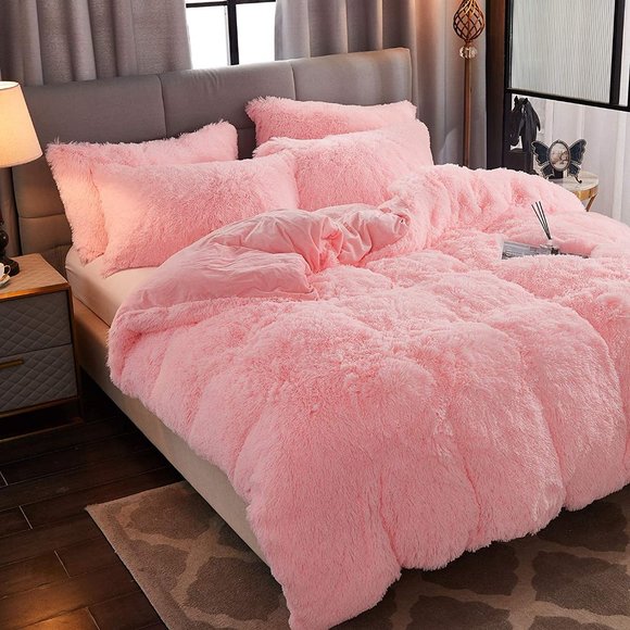 Shaggy Fluffy Faux Fur Duvet Cover Set Button Closure Velvety Bedding Set - Picture 2 of 16